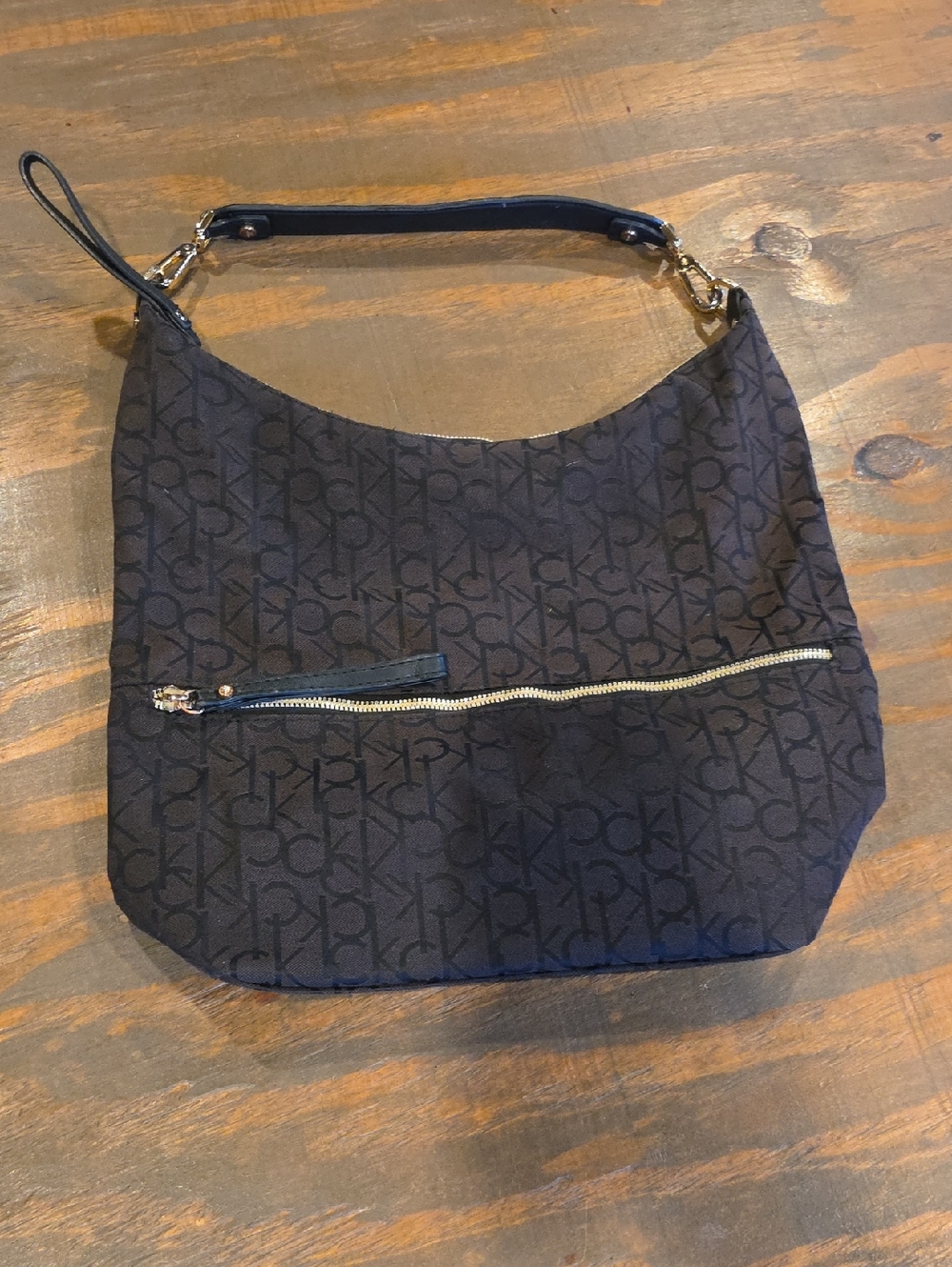 Calvin Klein Black Monogram Hobo Bag with Front Zip